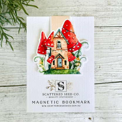 Magnetic bookmark with mushroom house design on a white card - The Book Keeper and Co