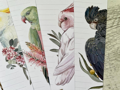 Illustrations of parrots and floral elements on a grid background - The Book Keeper & Co