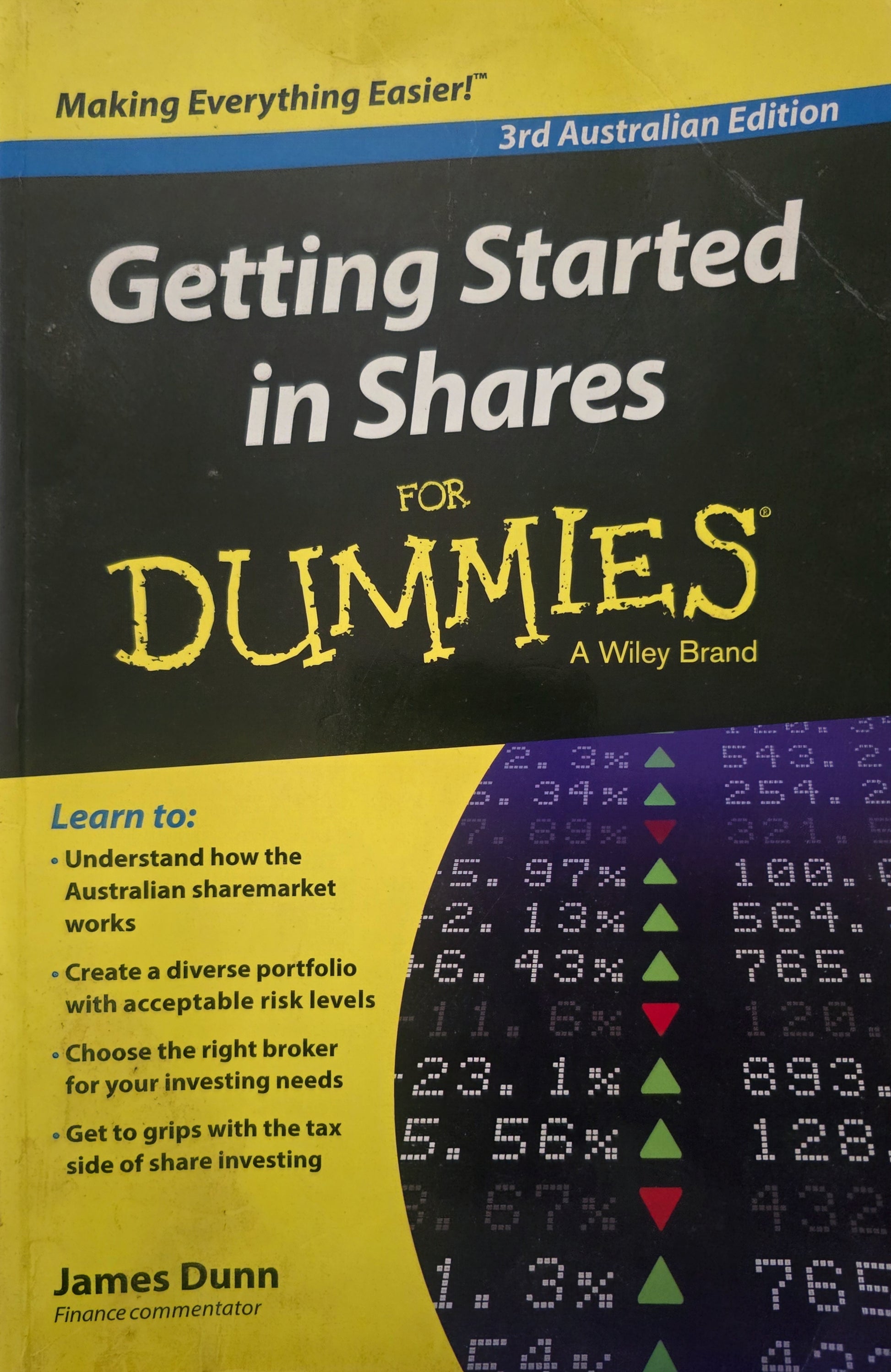 Book cover of 'Getting Started in Shares For Dummies' with a yellow and black design.