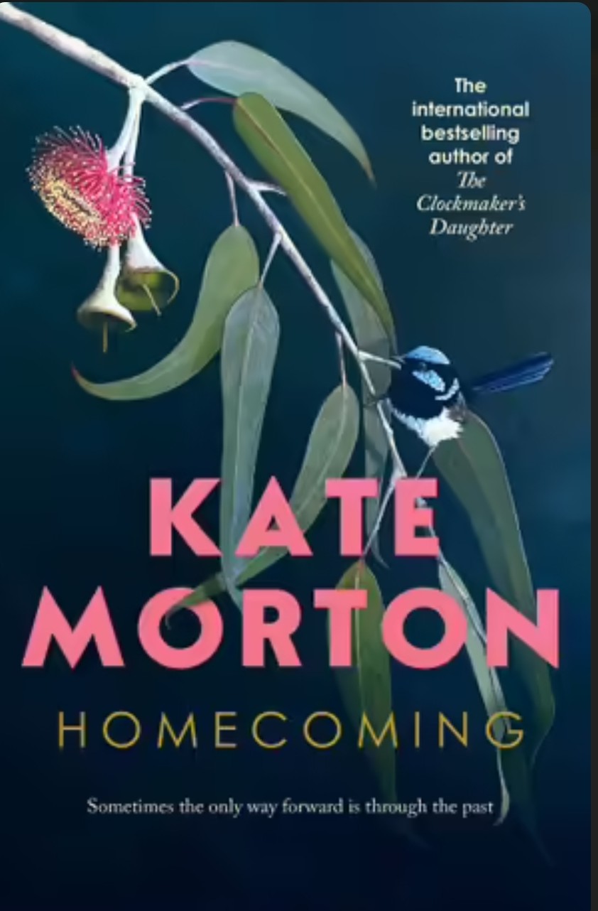 Book cover of 'Homecoming' by Kate Morton with a bird and eucalyptus leaves on a dark background.