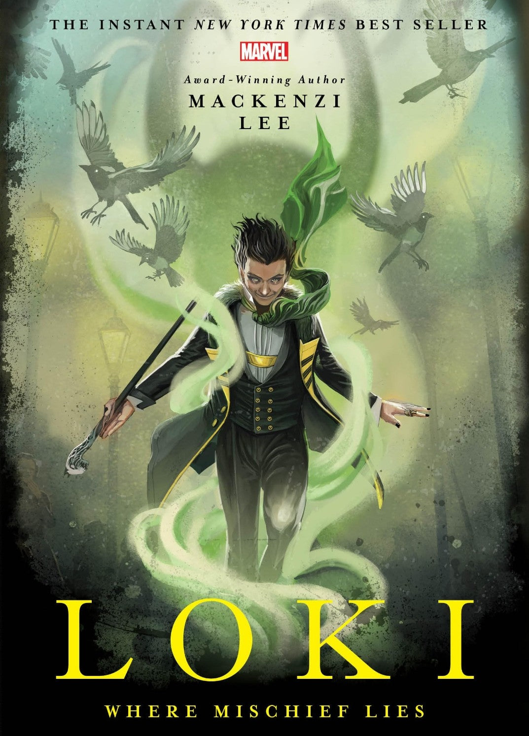 Book cover of 'Loki' by Mackenzi Lee featuring a character with a snake and birds in the background.