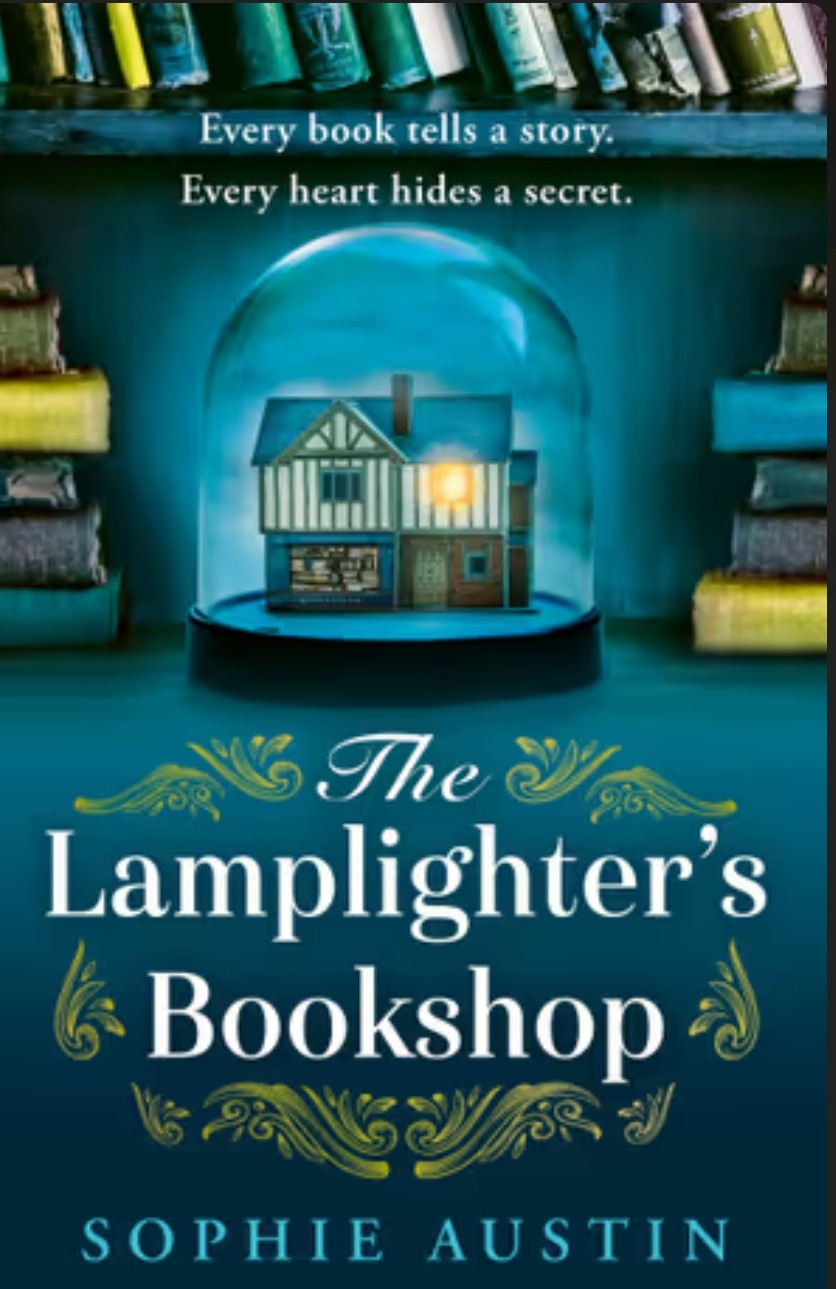 Book cover of 'The Lamplighter's Bookshop' with a miniature house in a glass dome and bookshelf background.