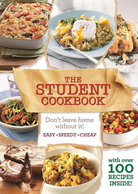 Cover of 'The Student Cookbook' with images of various dishes.