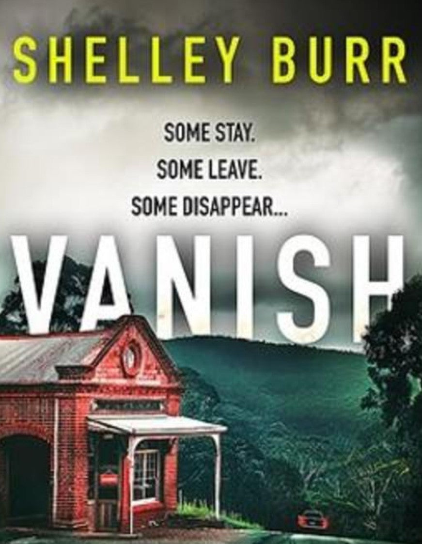 Book cover of 'Vanish' by Shelley Burr with a red building and mountainous background.