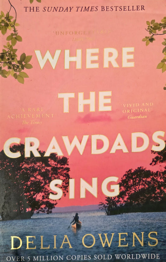 Book cover of 'Where the Crawdads Sing' with a pink background and tree branches.