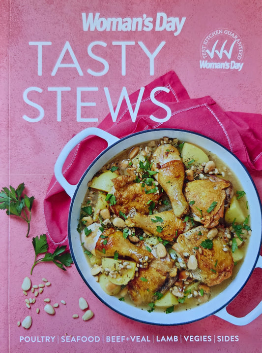Cookbook cover of 'Woman's Day Tasty Stews' with a dish of stew on a pink background
